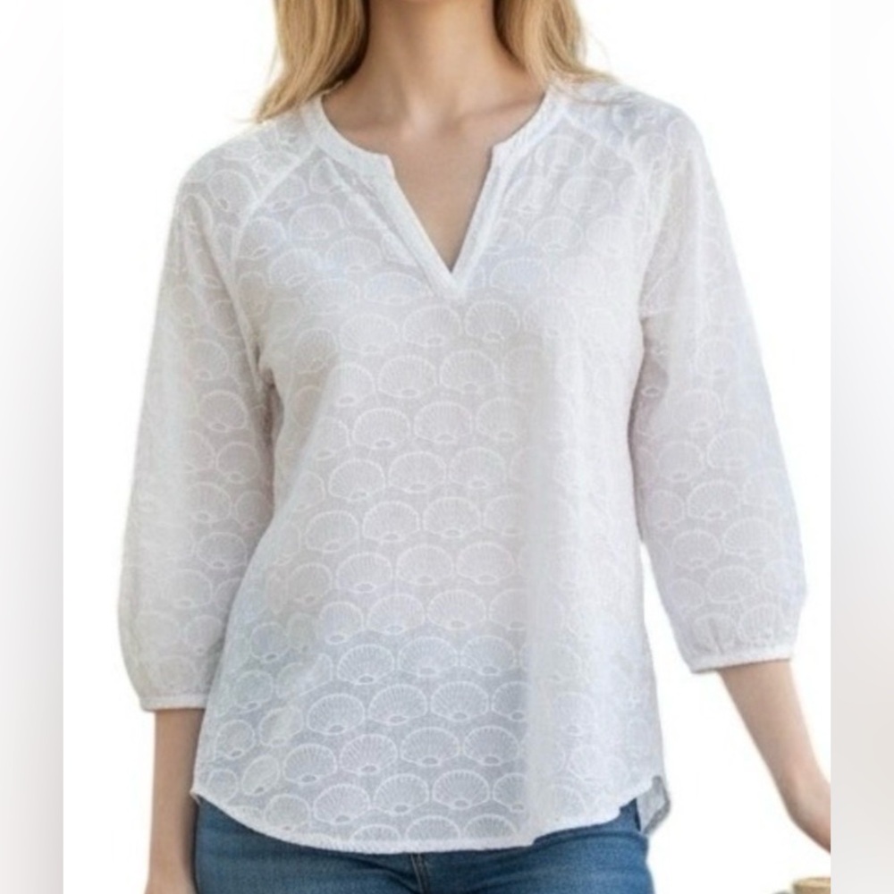 Chico's Embroidered Seashell Tunic Womens White Cotton 3/4 Sleeve Blouse SZ3 L